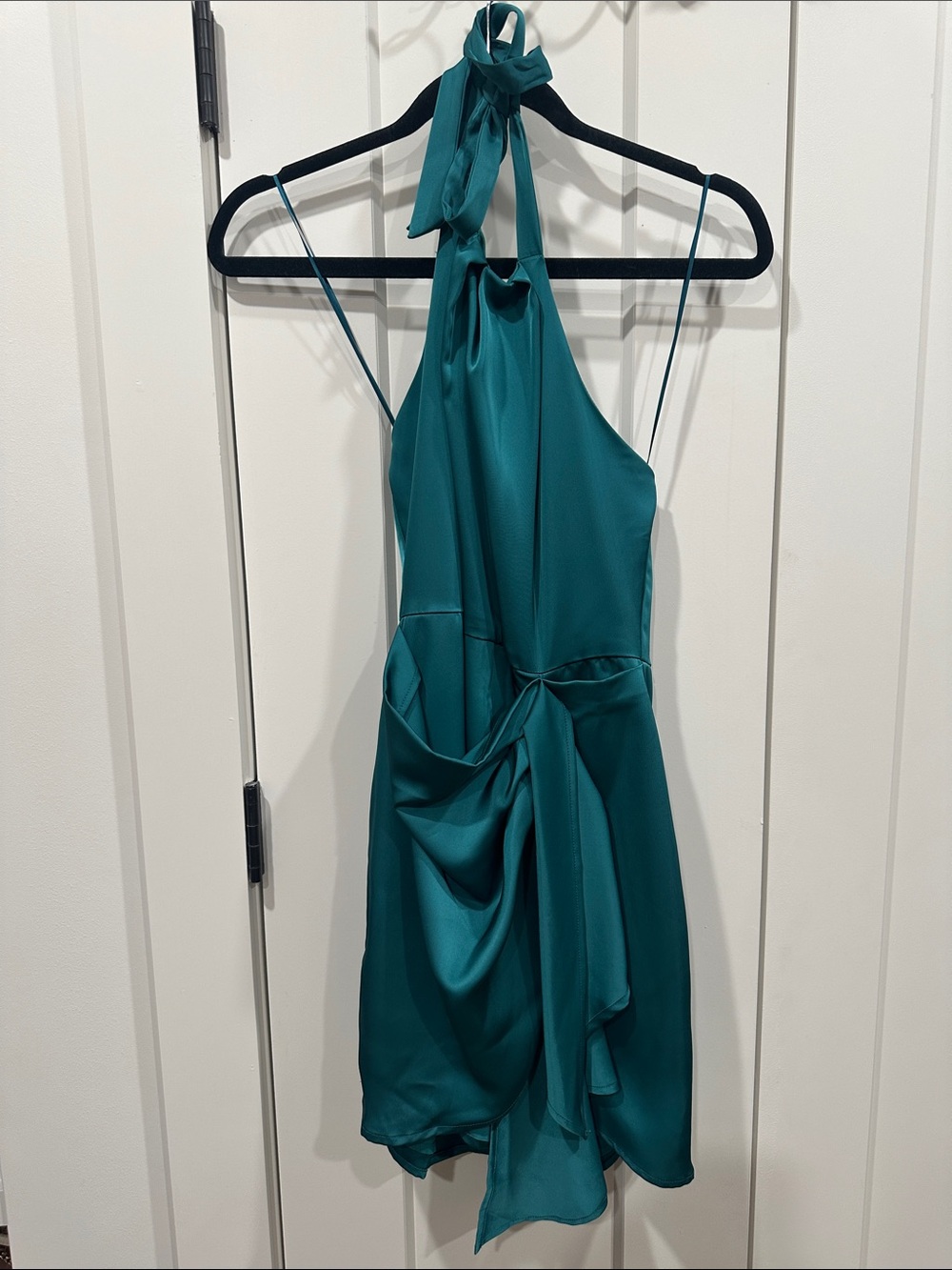 Teal Halter Neck Draped Satin Dress